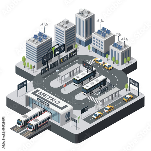Isometric Cityscape with Metro Station and Bus Terminal.