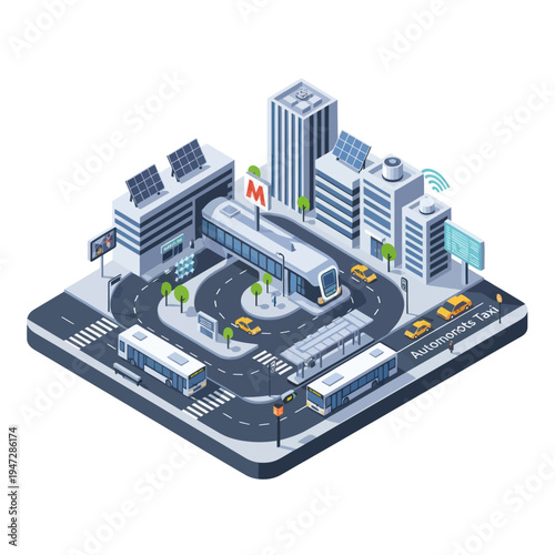Isometric Cityscape Illustration - Modern Transportation Hub with Buildings and Vehicles.