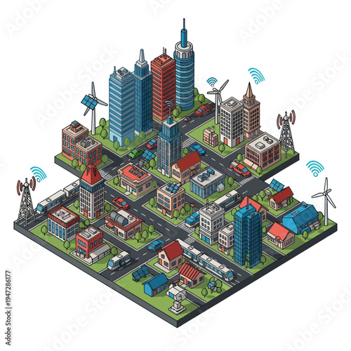 Isometric Smart City Illustration with Sustainable Technology and Infrastructure.
