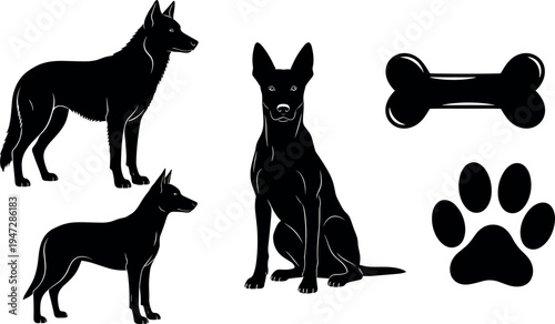 Dog silhouettes vector illustration featuring pets, paw print, bone symbol, playful poses, animal care, domestic canine artwork design