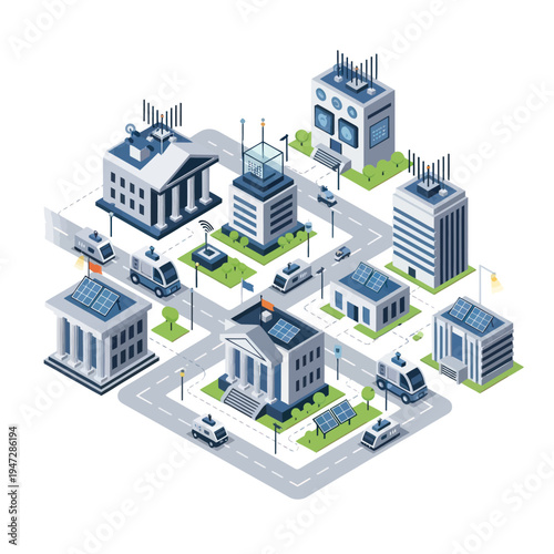 Isometric Cityscape Illustration with Modern Buildings and Transportation.