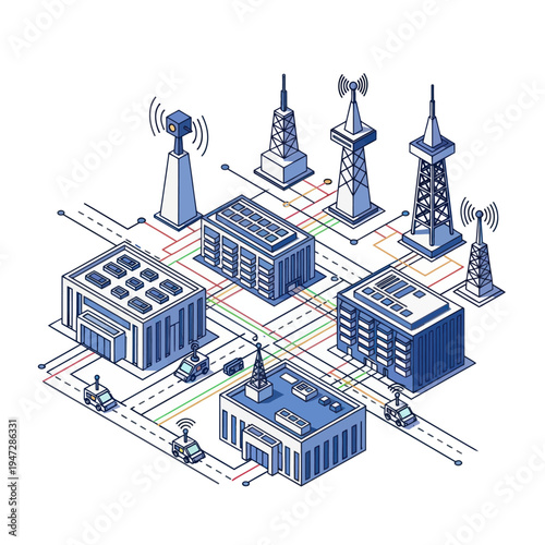 Photos Isometric City Network - Buildings, Towers, and Autonomous Vehicles