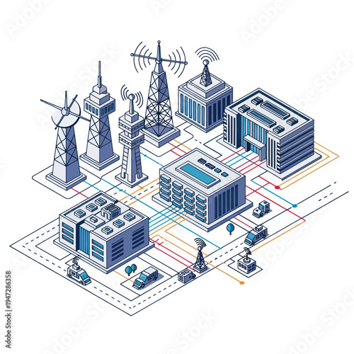 Isometric Cityscape with Communication Towers and Connected Buildings.