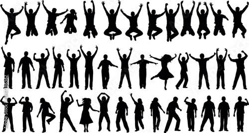 Black silhouette vector illustration of people jumping, dancing, standing in expressive poses, human movement, dynamic posture, lifestyle concept background