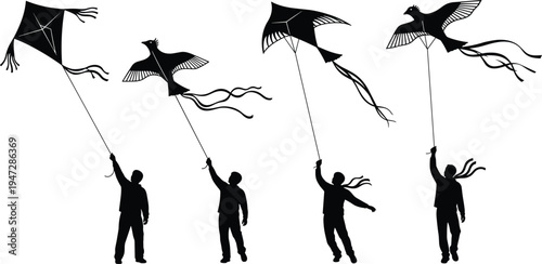 Silhouettes of people flying diverse kites outdoors, dynamic motion with traditional and bird shaped designs, leisure activity illustration