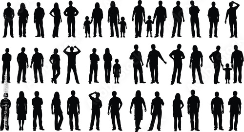 Vector illustration of silhouetted people in diverse poses including adults and children symbolizing posture, gesture, identity, diversity, culture, tradition, inclusivity, heritage, and education