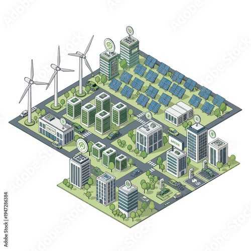Isometric illustration of a sustainable city powered by renewable energy sources.