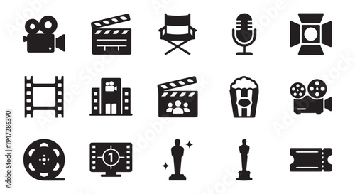 A collection of black film and movie icons on a Transparent Background