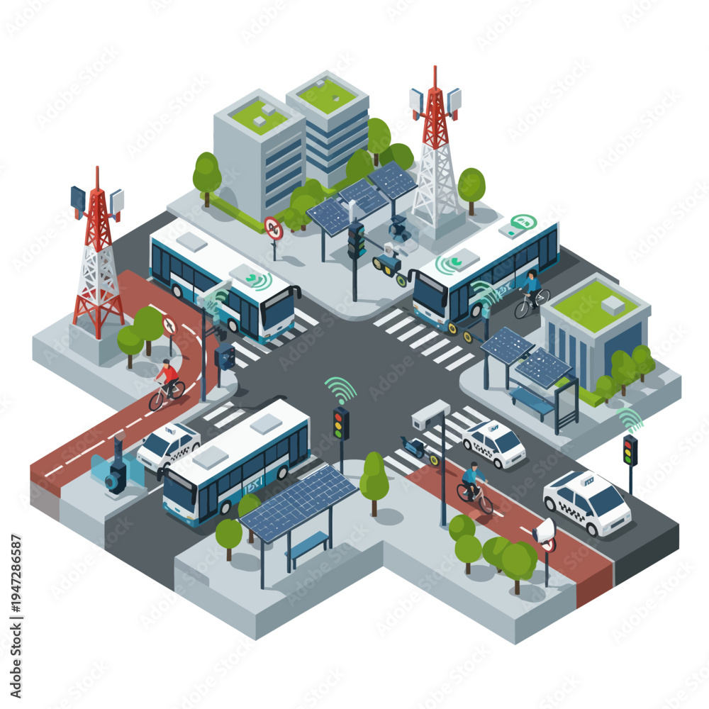Obraz premium Isometric Cityscape Illustration - Buses, Towers, and Green Roofs.