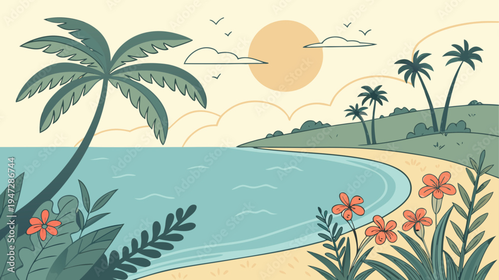 Obraz premium Tropical beach, palm trees, floral landscape, summer vacation background, vector illustration