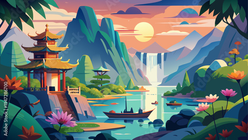 Asian landscape, pagoda, mountain range, serene scenery, vector illustration