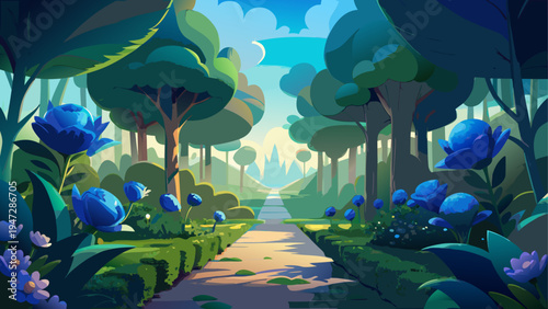 Whimsical forest path, cartoon landscape, blue flowers, green trees, scenic trail