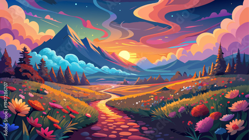 Vibrant landscape, colorful mountains, sunset scenery, floral pathway, vector illustration