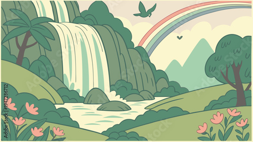 Tropical landscape, waterfall, rainbow, green nature scenery, vector illustration