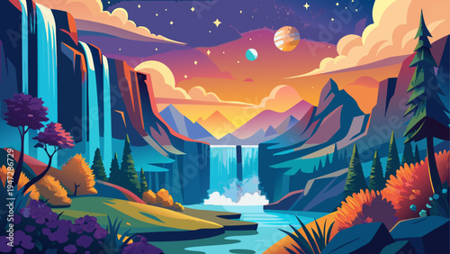 Fantasy landscape, scenic vector, mountains and waterfalls, colorful illustration, nature scenery
