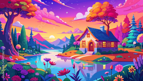 Vibrant vector landscape, colorful house, serene nature scene, tranquil lake