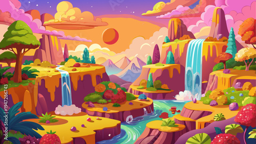 Fantasy landscape, colorful cliffs, waterfalls, cartoon nature, scenic illustration