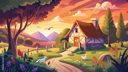 Vector illustration of a cozy countryside house with garden and mountain view