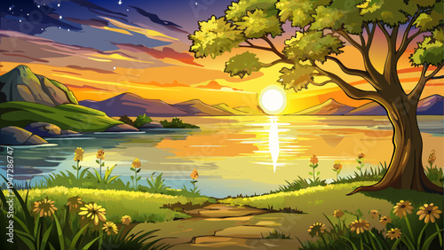 Vector serene landscape with sunset over lake and tree