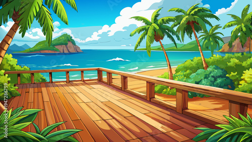 Tropical beach, wooden deck, palm trees, paradise landscape, vacation background