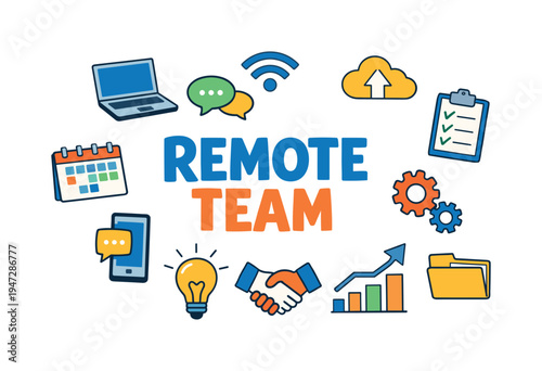 Remote team concept with icons representing communication, technology, and collaboration. A colorful illustration depicting elements of remote work, including a laptop, calendar