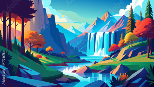 Vector illustration of a scenic landscape with mountains, waterfall, and trees
