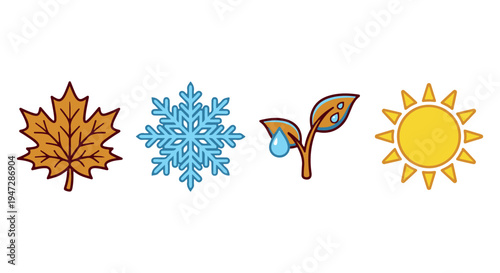 A colorful illustration of four seasonal icons representing nature and weather on a Transparent Background