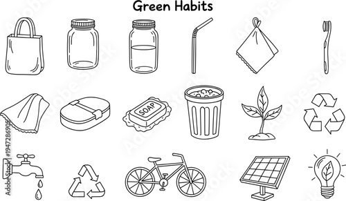 Collection of hand-drawn icons representing green habits and eco-friendly lifestyle choices