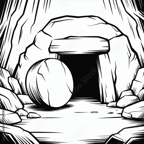 Empty Tomb of Jesus Easter Vector Illustration - Resurrection Sunday Biblical Cave Scene with Rolled Stone, Black and White Christian Line Art