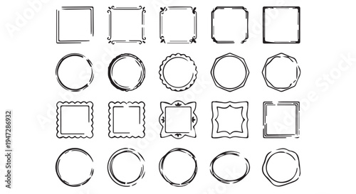 A collection of various hand drawn frames and borders on a Transparent Background