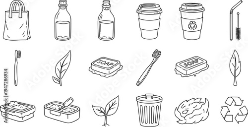 Collection of hand-drawn icons representing eco-friendly and sustainable lifestyle choices