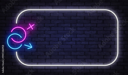 Neon symbol of male and female signs inside glowing frame. Bright colors highlight gender concept and relationship theme. Perfect for equality campaigns, dating content.