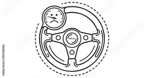 A sad face on a cars speedometer gauge on a steering wheel with a dotted line circle