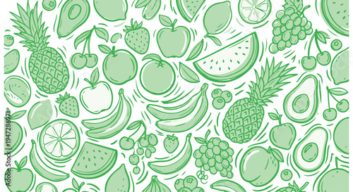A vibrant illustration of various green fruits on a Transparent Background for healthy eating concepts