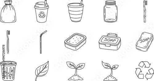 Collection of hand-drawn icons representing eco-friendly and sustainable lifestyle products