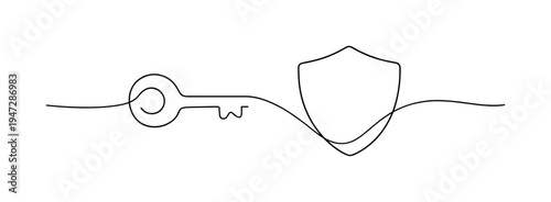 Key and shield security concept in continuous line art style. A single continuous line drawing depicts a key and a shield, symbolizing security, access, and protection in a