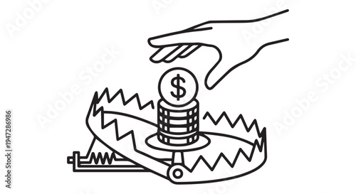 A hand reaching for a stack of money in a bear trap, symbolizing financial risk and danger.