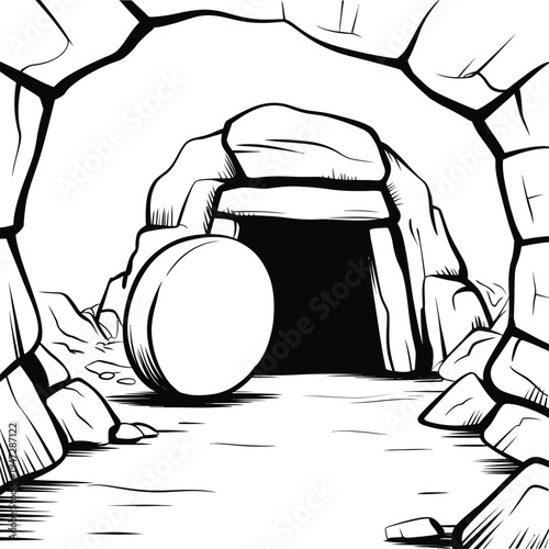 Easter Empty Tomb Vector Illustration - Resurrection Sunday Bible Scene, Stone Rolled Away Jesus Tomb Line Art for Coloring and Design
