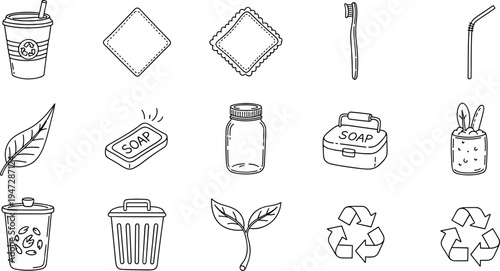 Collection of hand-drawn icons representing eco-friendly and sustainable living choices