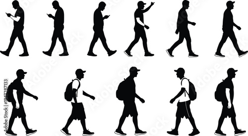 Black silhouette vector illustration of people walking, casual attire with backpacks, mobile device usage, diverse pedestrian poses for motion and lifestyle study