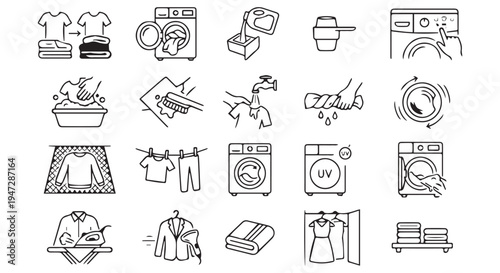 A collection of laundry icons including washing machines, clothes, and cleaning symbols on a Transparent Background