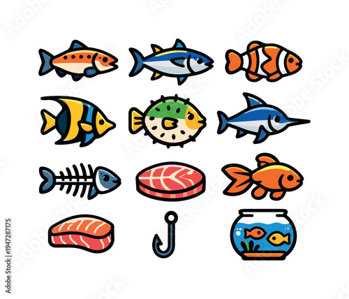 Collection of cute cartoon fish and seafood icons on a white background. A vibrant assortment of stylized aquatic creatures and food items, including various fish species, a fish