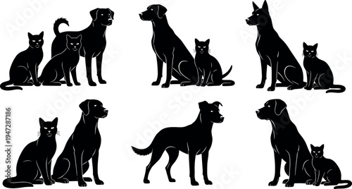 Cat and dog silhouette vector illustration with sitting and standing poses, companionship theme, minimal black design, domestic animal artwork
