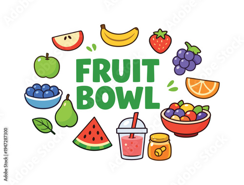 Fruit bowl illustration with assorted fruits and drinks. A vibrant and colorful illustration featuring a variety of fresh fruits, a smoothie, and a jar of honey, perfect for