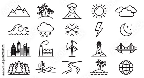 A collection of various line icons representing different natural and man made elements on a Transparent Background