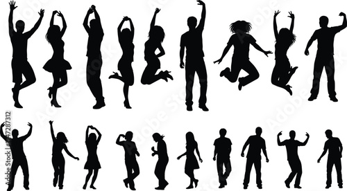 Dynamic human silhouettes, dancing, jumping, walking, expressive body movements vector illustration, modern art design for fitness, celebration, lifestyle inspiration