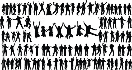 Vector illustration of silhouetted people in dynamic poses symbolizing motion, interaction, identity, diversity, culture, tradition, inclusivity, heritage, and education