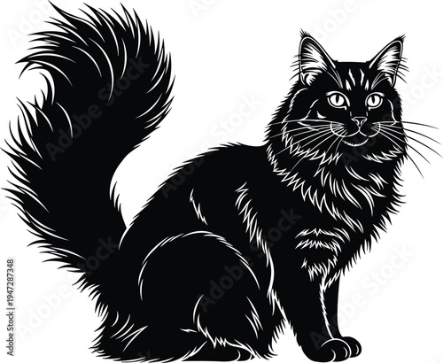 Black long-haired cat silhouette vector illustration sitting upright with bushy tail, ear tufts, fluffy fur texture, isolated decorative design