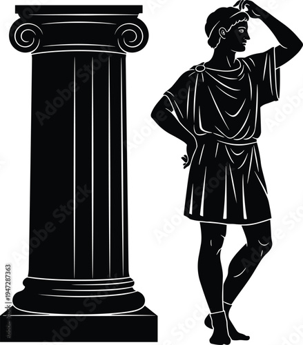 Silhouette of ancient figure in toga beside Ionic column, thoughtful pose, classical antiquity theme, philosophy, architecture