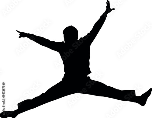 Black silhouette vector illustration of person jumping in dynamic pose with arms raised, legs extended, dance performance athletic motion concept